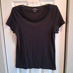 Talbots Black Beaded Puma Cotton Tee Women's Size L